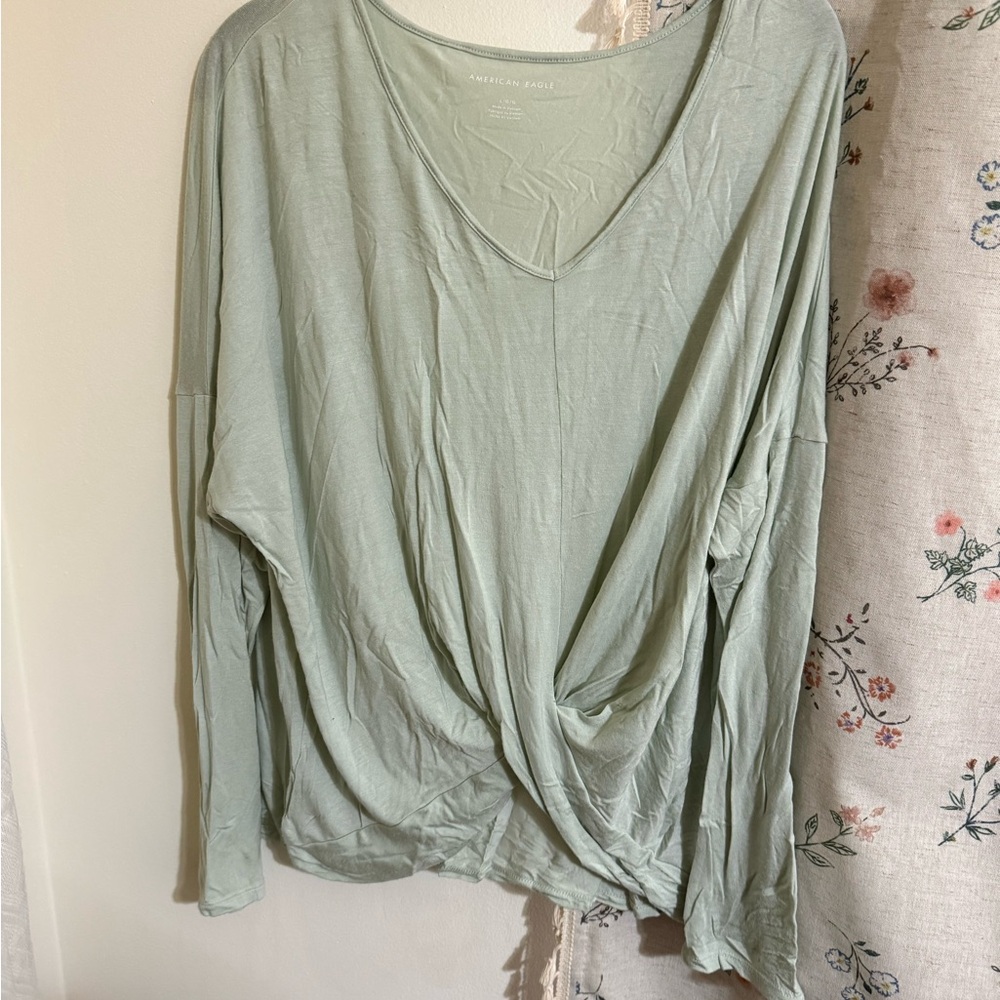 American Eagle Outfitters Sage Green V-Neck Twist-Hem Long Sleeve Top